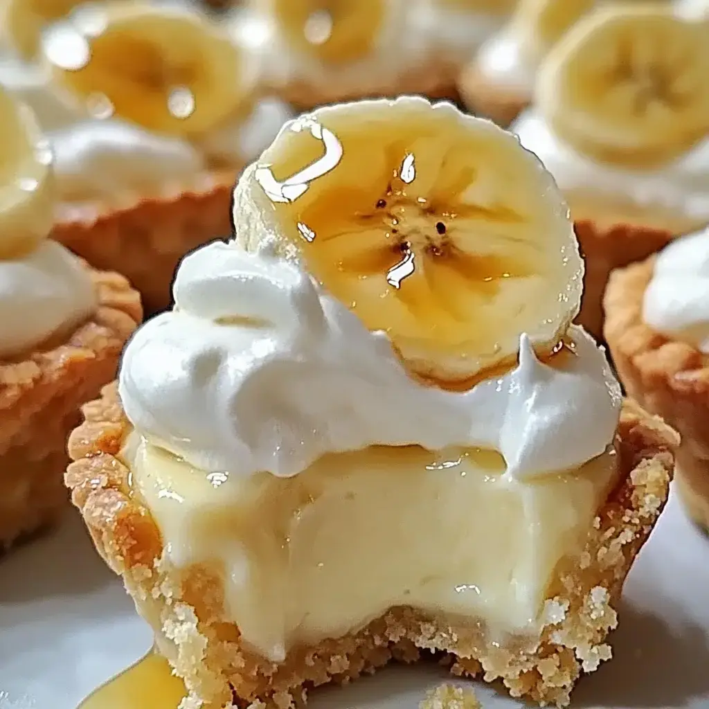 Close-up of a no-bake banana tart topped with whipped cream and a banana slice, with a bite missing from one tart.