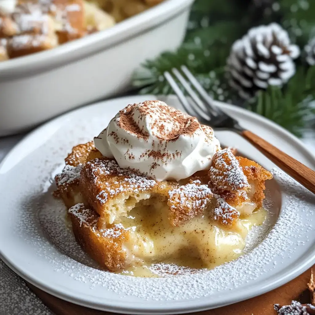 A plate with baked pudding topped with cream and sugar, alongside a wooden fork and holiday decor.