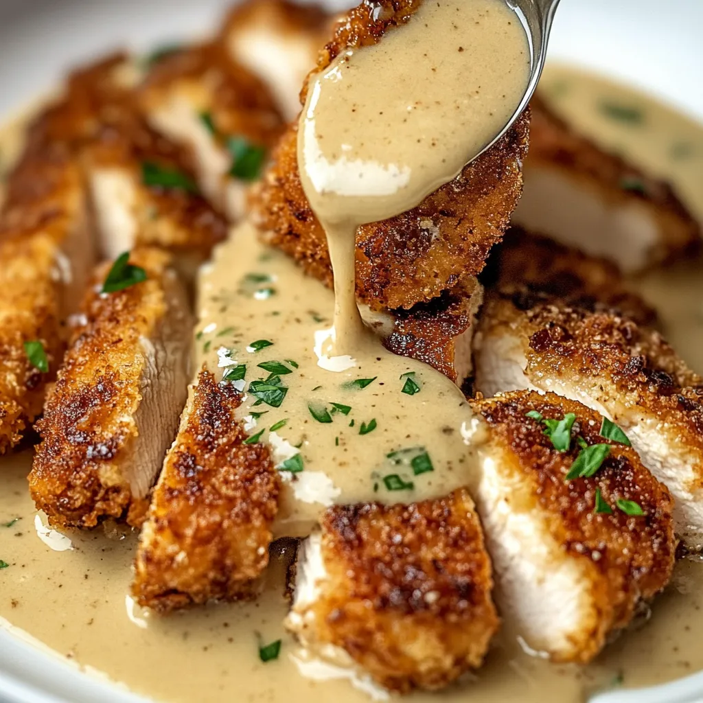 A plate of parmesan crusted chicken topped with a luscious creamy garlic sauce.