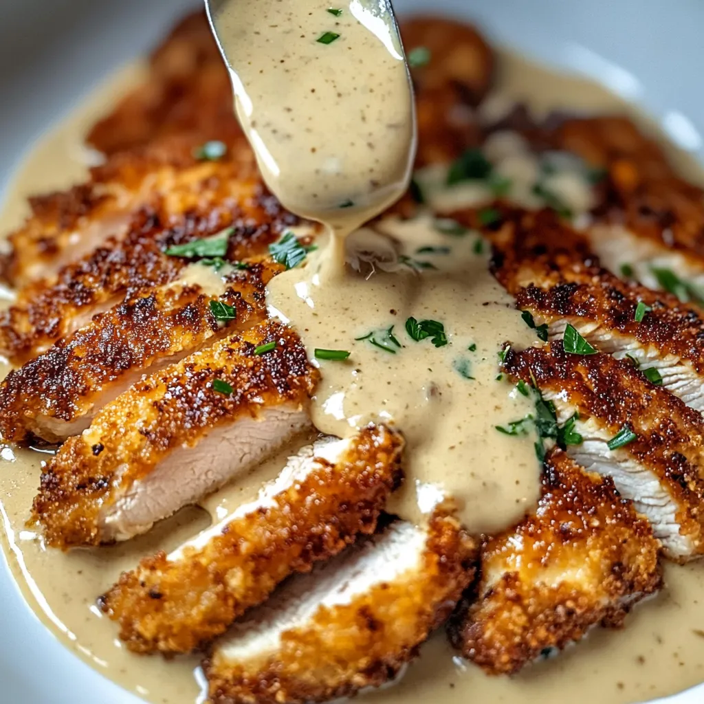 Delicious parmesan crusted chicken accompanied by a smooth creamy garlic sauce, perfect for a refined meal.