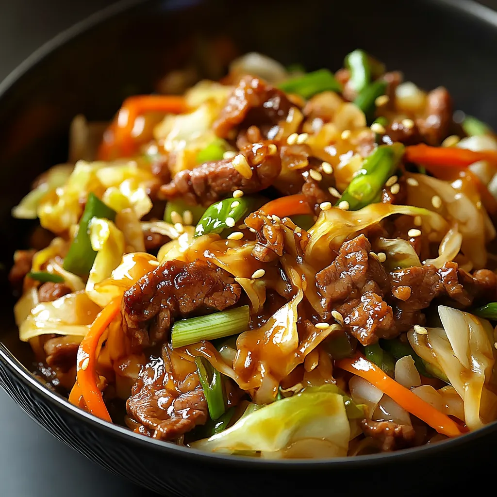 A vibrant dish of egg roll stir fry showing off bright veggies and mouthwatering seasoned ingredients.