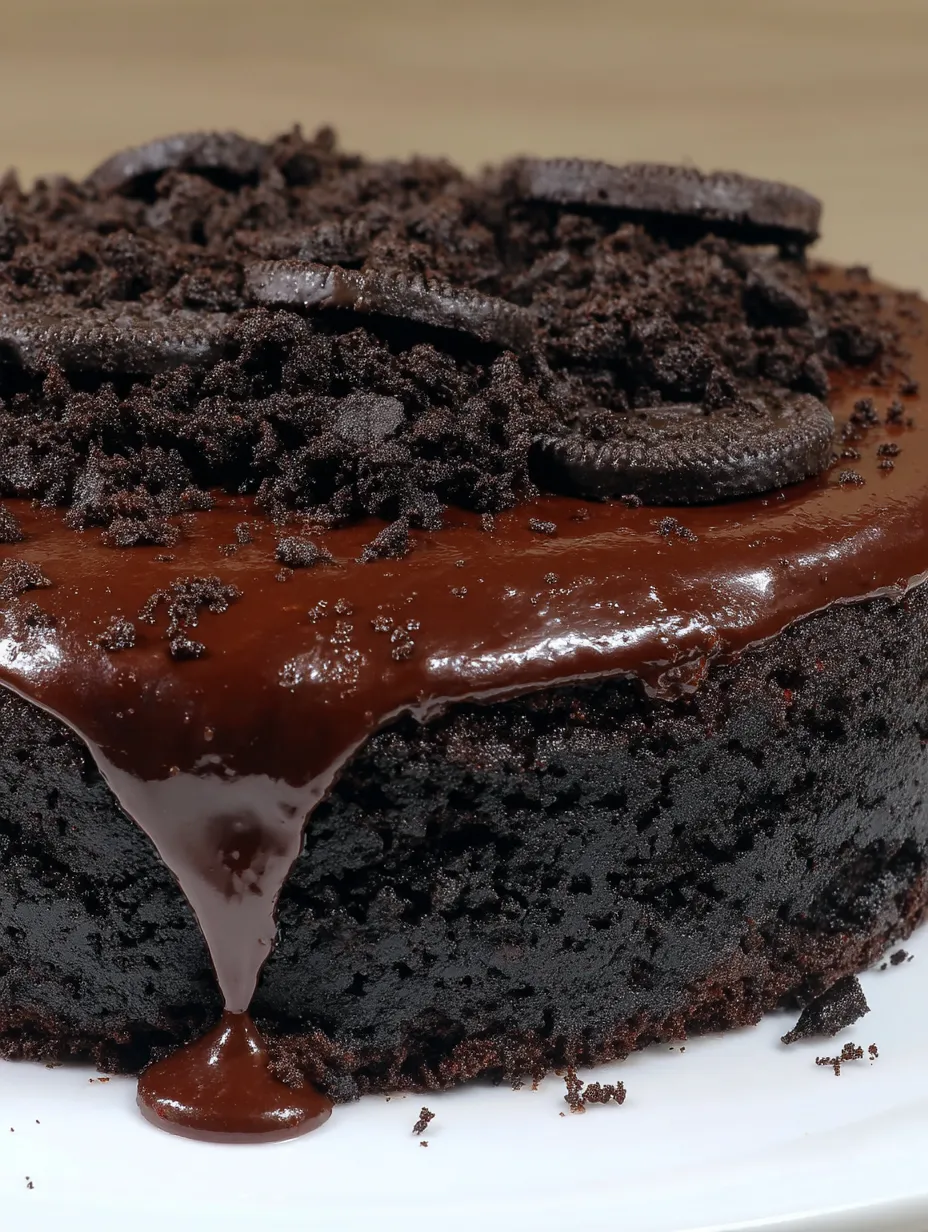 Chocolate cake with chocolate icing and chocolate chips.