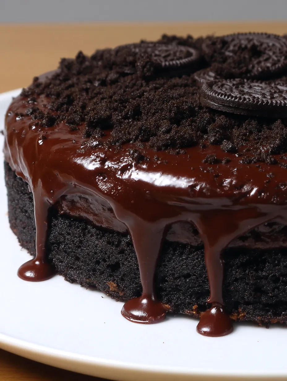 A chocolate cake with chocolate drizzle and Oreo cookies on top.