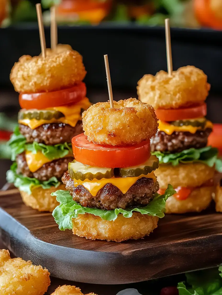 A stack of bite-sized burgers featuring beef patties, cheese, veggies, and crispy tater tots arranged on a wooden serving board.