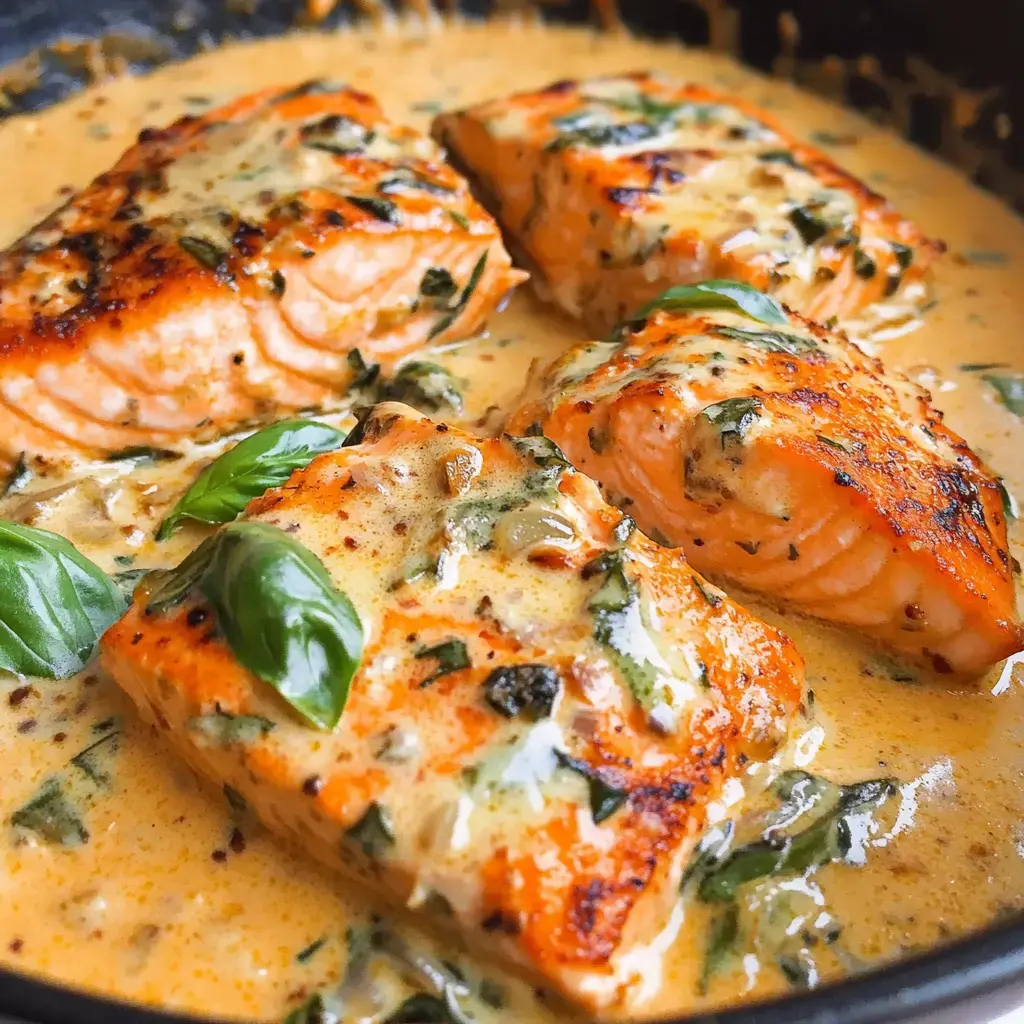 Tender salmon fillets in a creamy sauce topped with basil and cooked with herbs.
