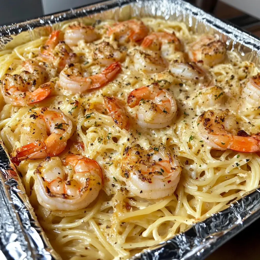 A plate of pasta with golden shrimp and a rich, creamy sauce, topped with herbs.