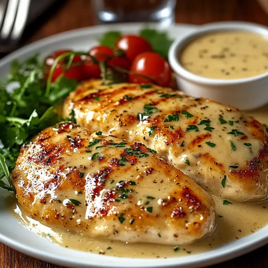 Cooked chicken with creamy sauce, fresh greens, and cherry tomatoes on a white plate.