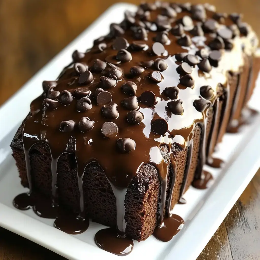 A glossy, chocolate glazed loaf topped with chips sitting on a white plate.