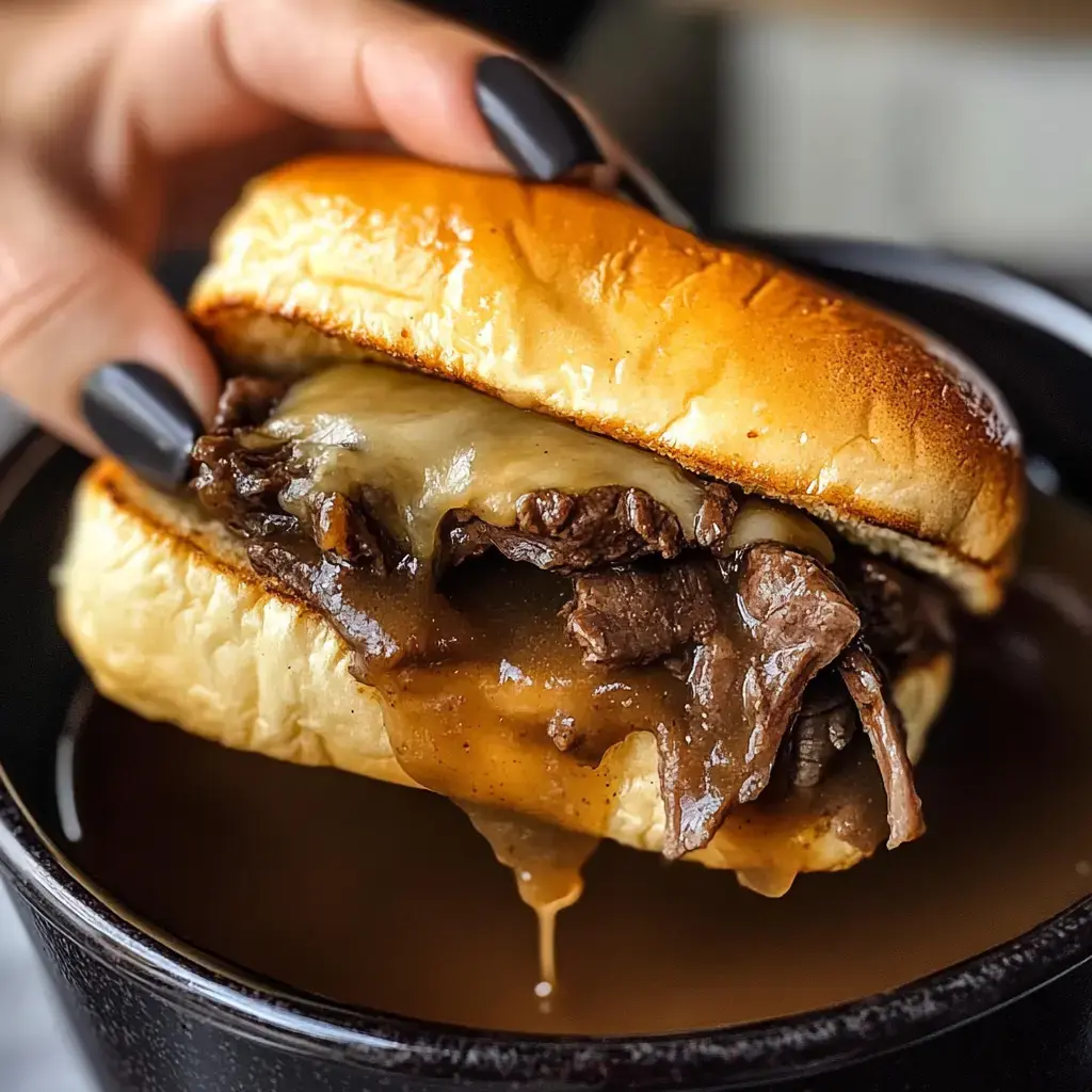 Hand holds cheesy beef sandwich dripping with au jus over a bowl of sauce.