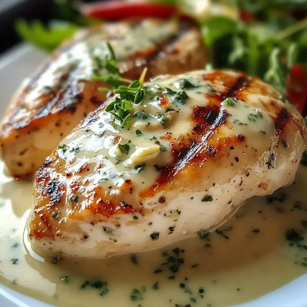 Golden chicken breasts topped with a creamy garlic and herb sauce, served with fresh greens.