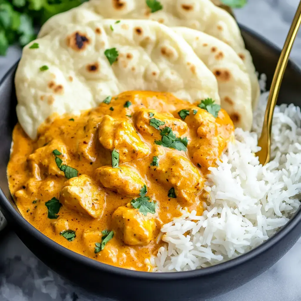 A hearty butter chicken bowl with white rice and naan bread, garnished with cilantro on top.