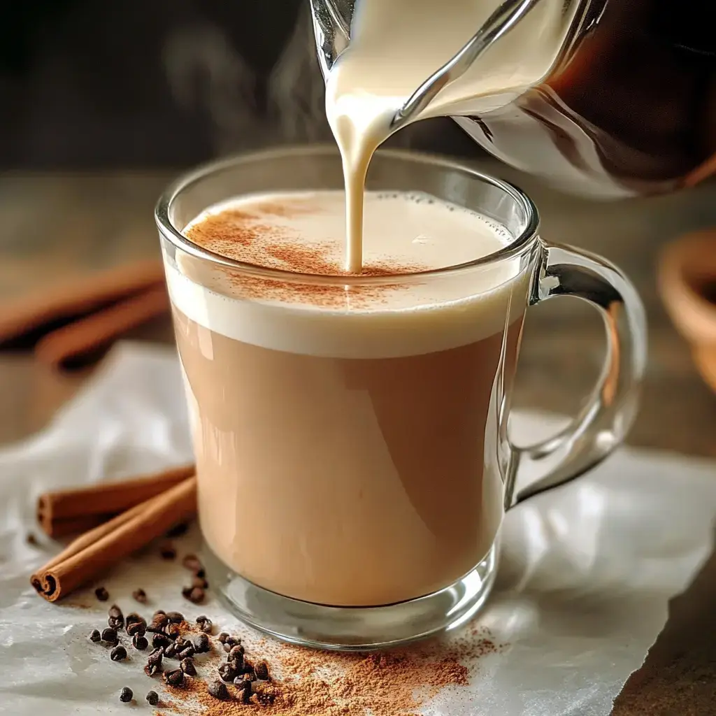 A creamy drink being poured, sprinkled with cinnamon, next to cinnamon sticks and coffee beans on a countertop.