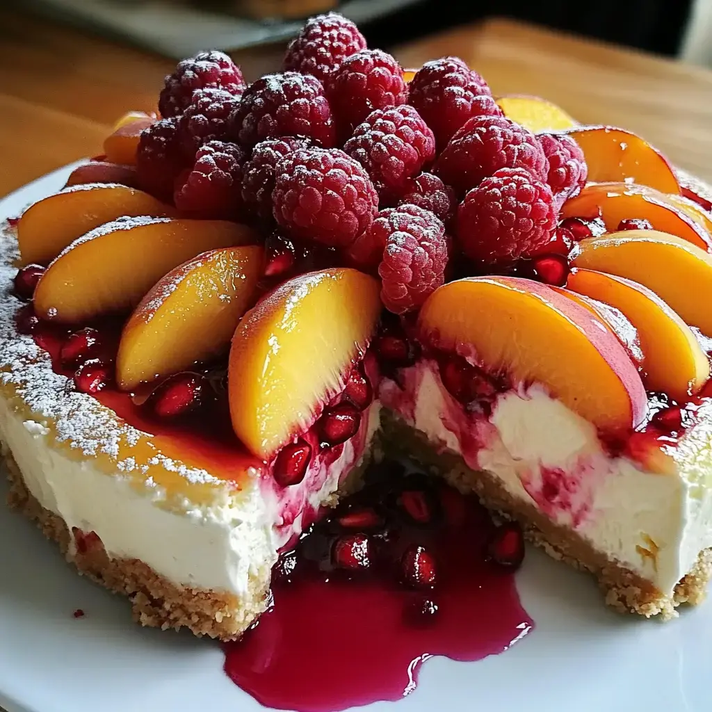 Smooth cheesecake topped with peaches, raspberries, and pomegranate, with a slice missing.