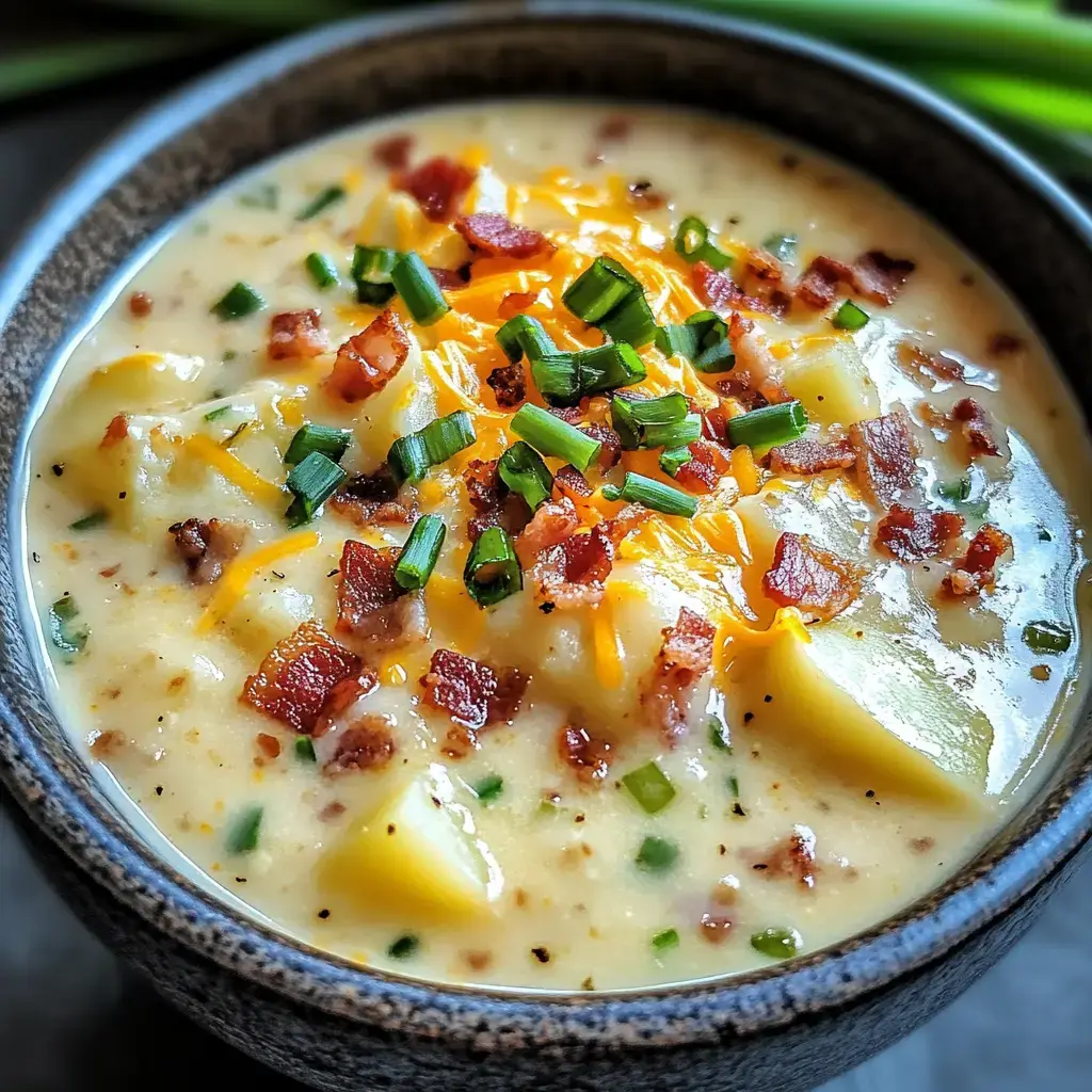 Close-up of a bowl of creamy potato soup topped with bacon bits, cheese shreds, and chopped onions.