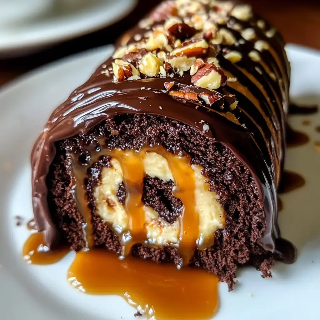 A creamy-filled chocolate roll topped with crunchy nuts and caramel drizzle.