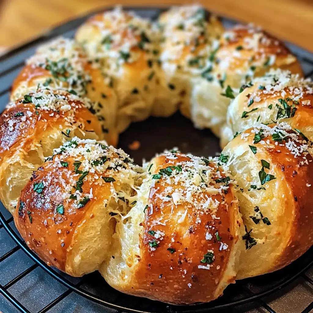 A golden pull-apart bread ring topped with herbs and cheese on a cooling rack.