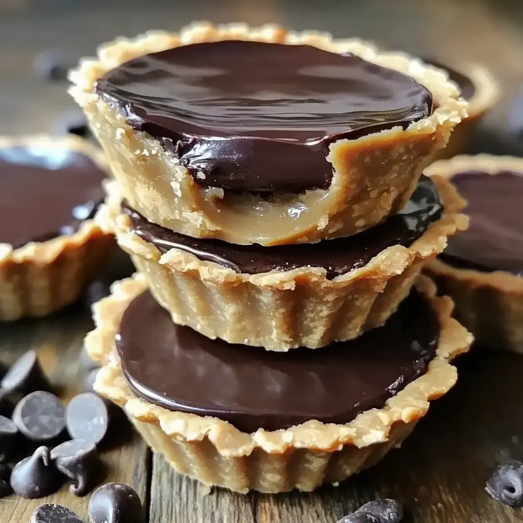 Three small chocolate-filled tarts stacked on wood, with scattered chocolate chips in the background.