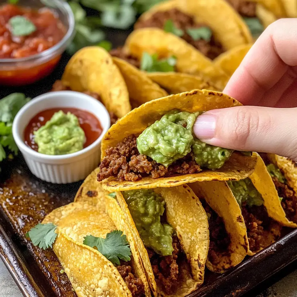 A hand holding a taco with beef, guacamole, and salsa, surrounded by other tacos and bowls of dip.