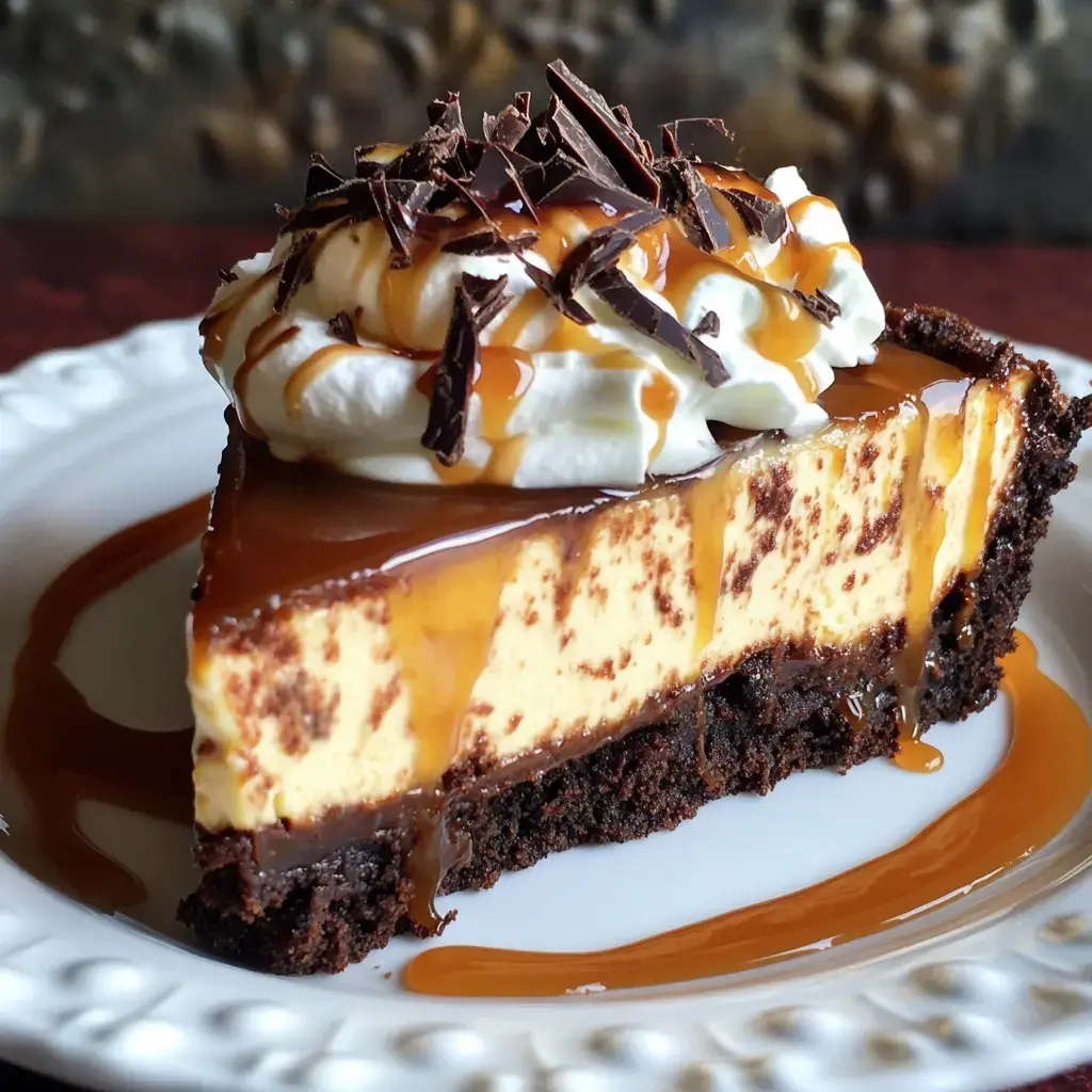 A piece of caramel cheesecake with whipped cream, chocolate curls, and caramel drizzle, sitting on a rich, chocolate crust.
