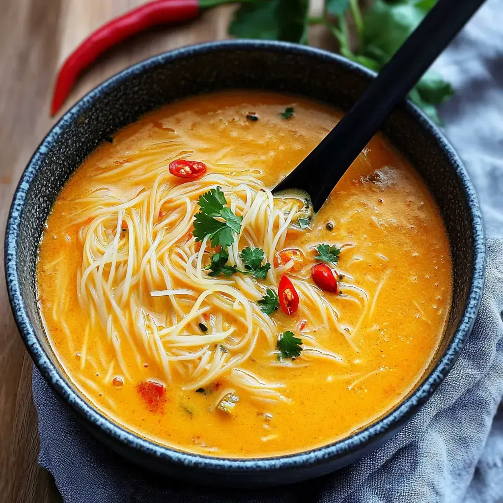 A comforting coconut curry soup with herbs and red chili topping.