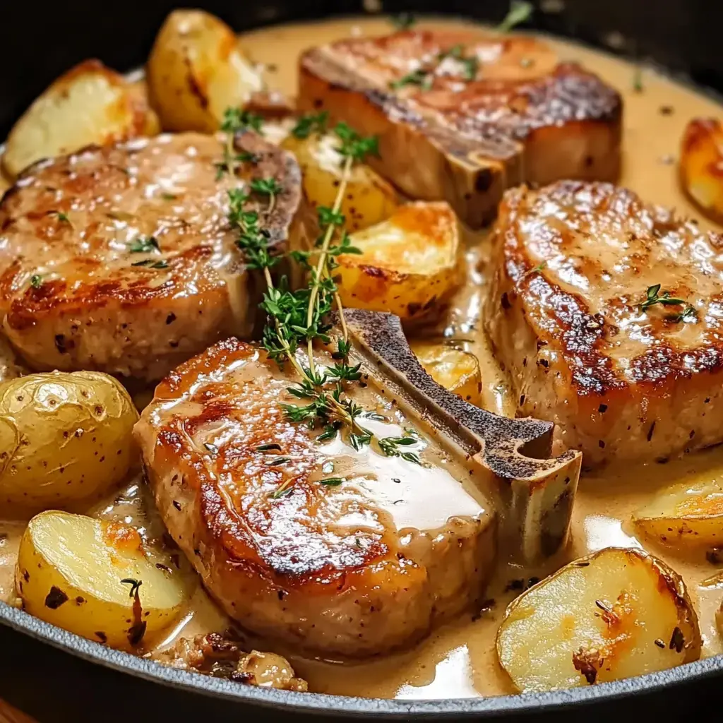 Golden pork chops with cheesy potatoes in a skillet, topped with fresh herbs.