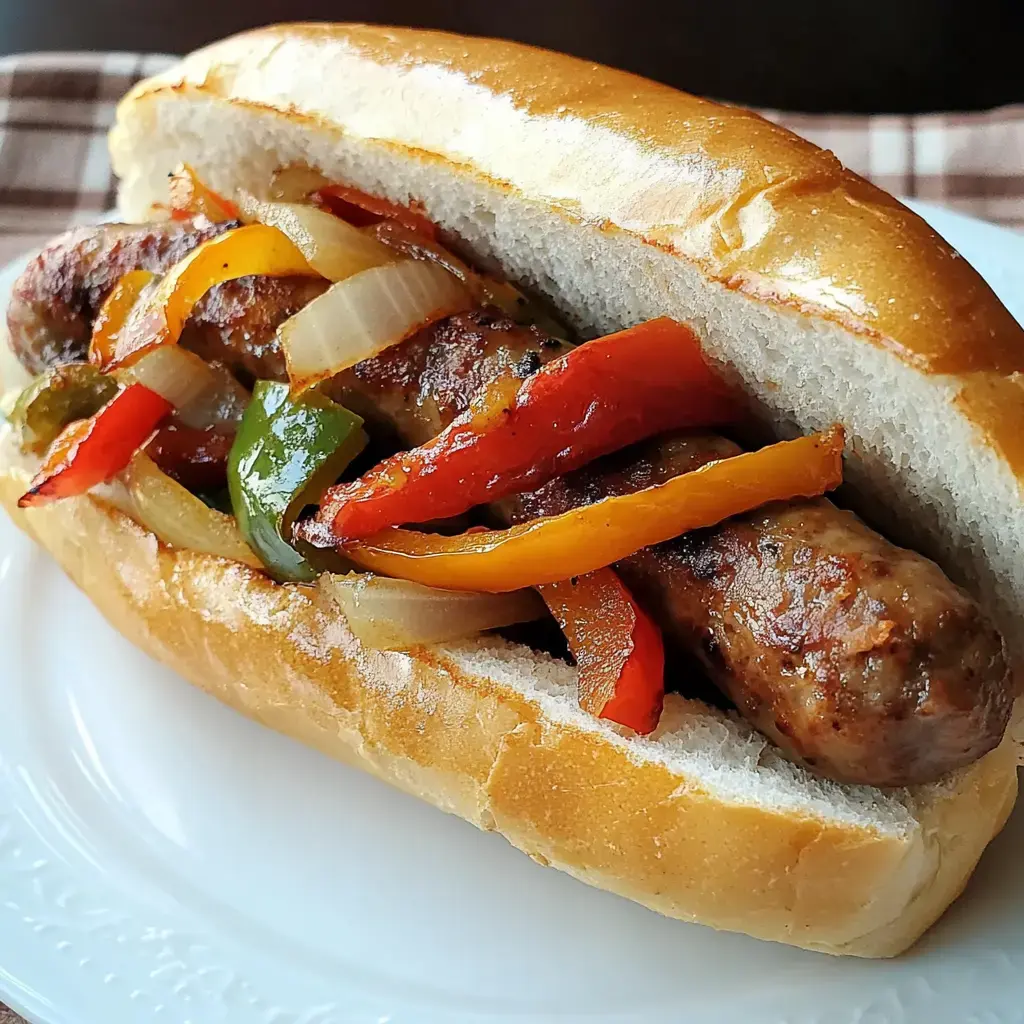 Grilled sausages topped with peppers and onions in a soft bun.
