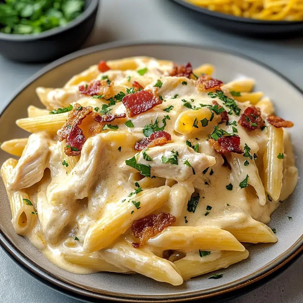 A bowl of creamy penne with crispy bacon bits and parsley alongside other dishes.