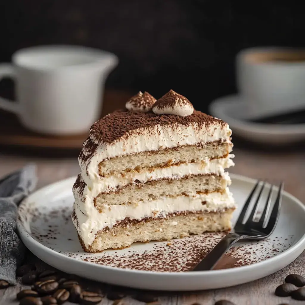 A slice of coffee-flavored tiramisu cake with cocoa dusting, served on a plate with coffee nearby.