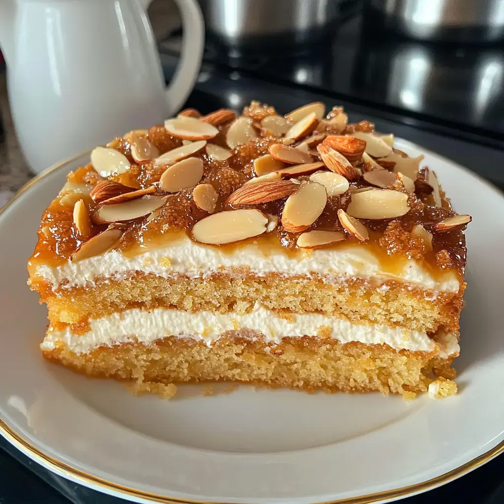 A layered cake slice with caramelized almonds on top, served on a plate.