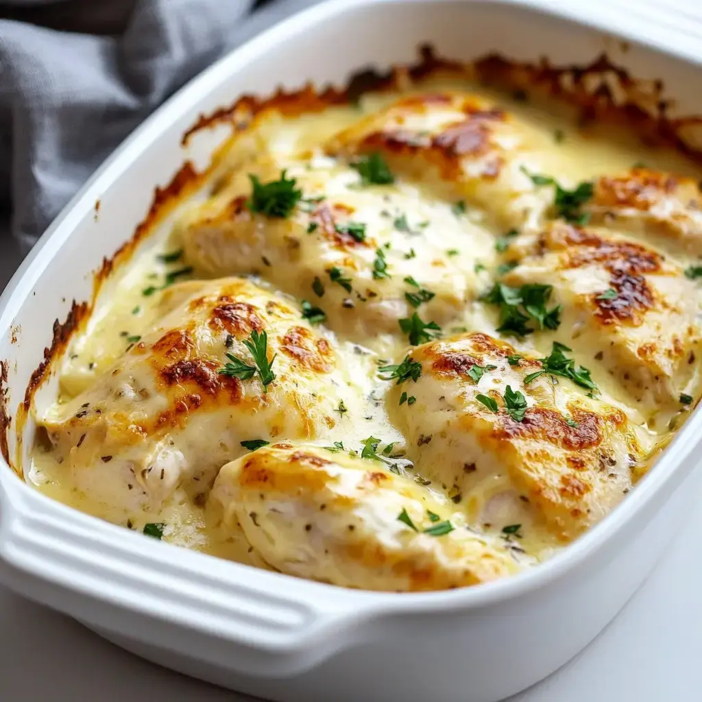 Golden baked chicken smothered in cream sauce and topped with parsley.