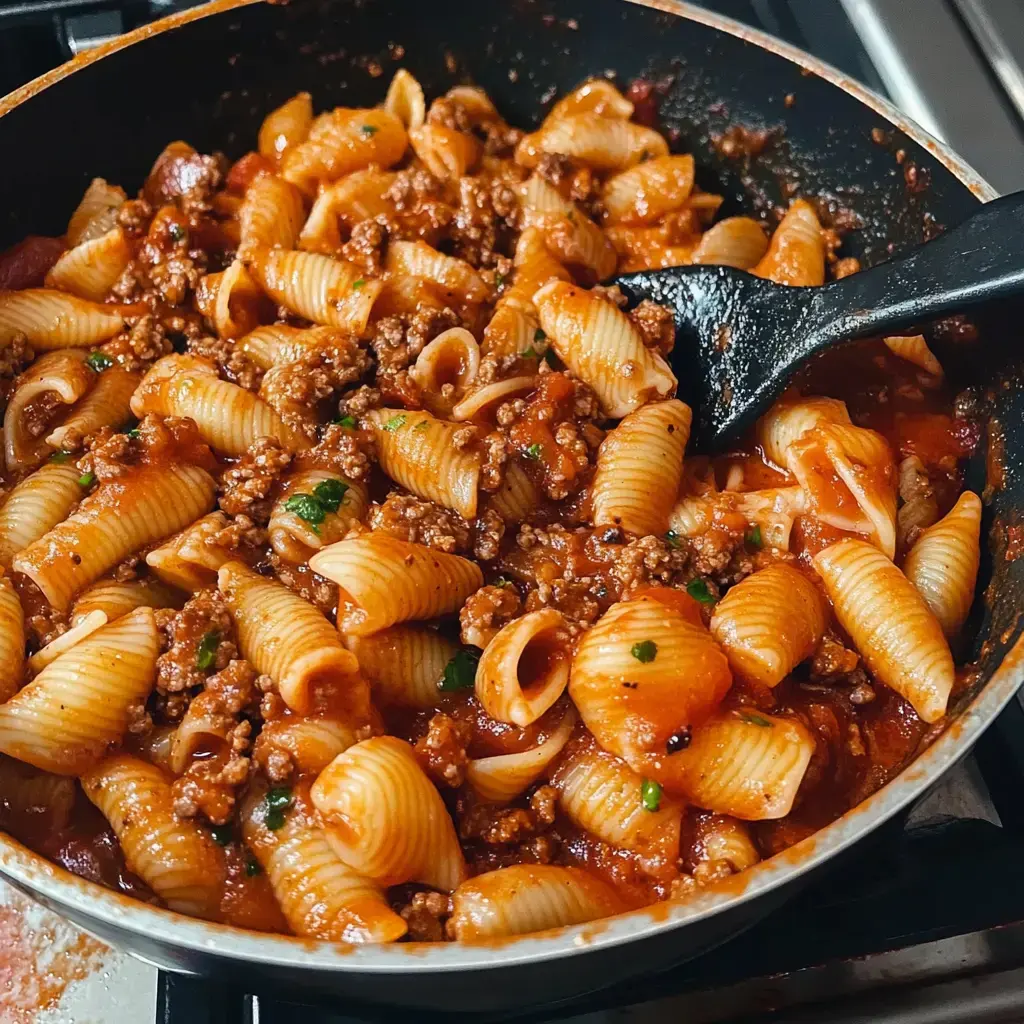 Skillet with shell pasta coated in a rich beef sauce, garnished with fresh herbs.