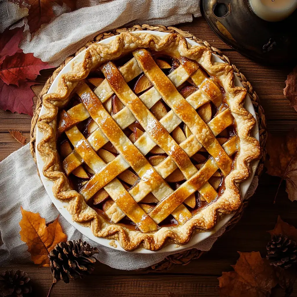 A golden, freshly baked pie with a crisscross top resting next to autumn leaves and scattered pinecones on a wooden table.