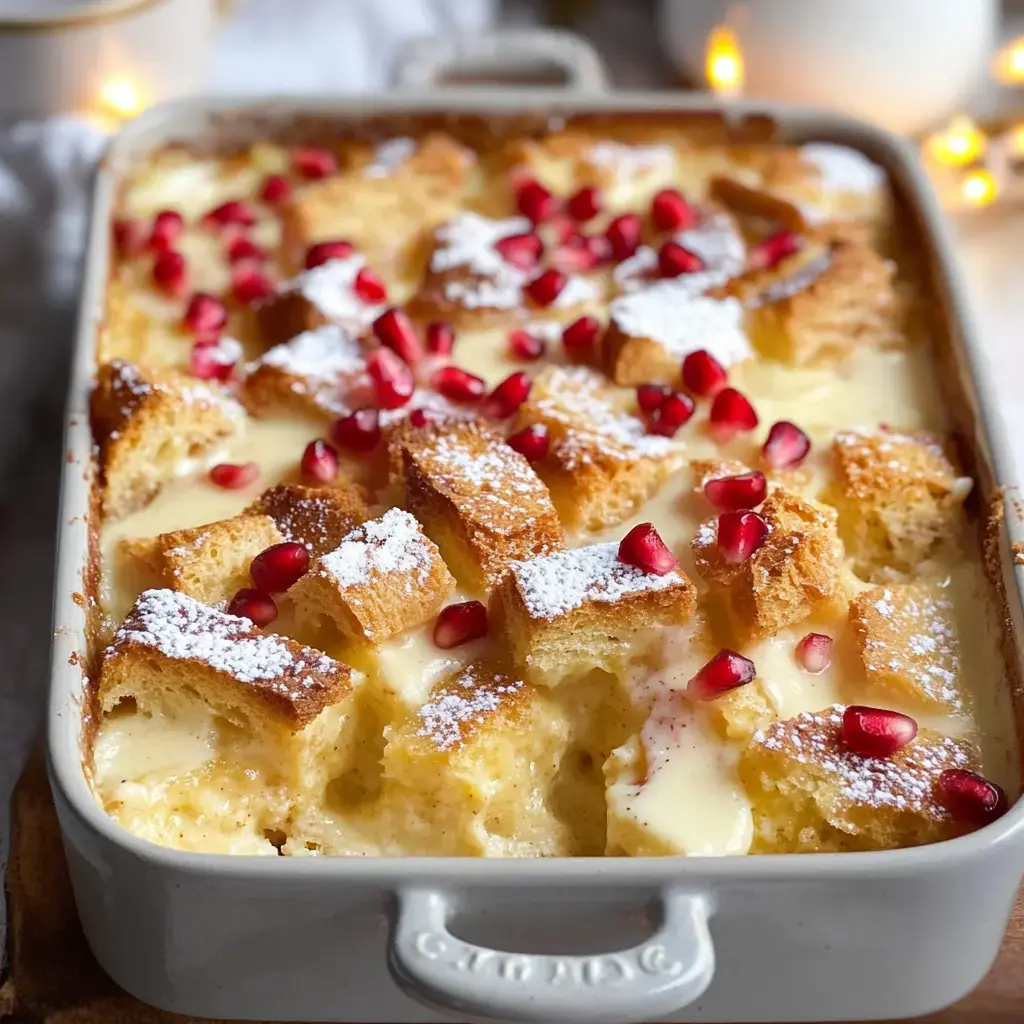 A rich dessert in a baking dish, topped with powdered sugar and pomegranate seeds.