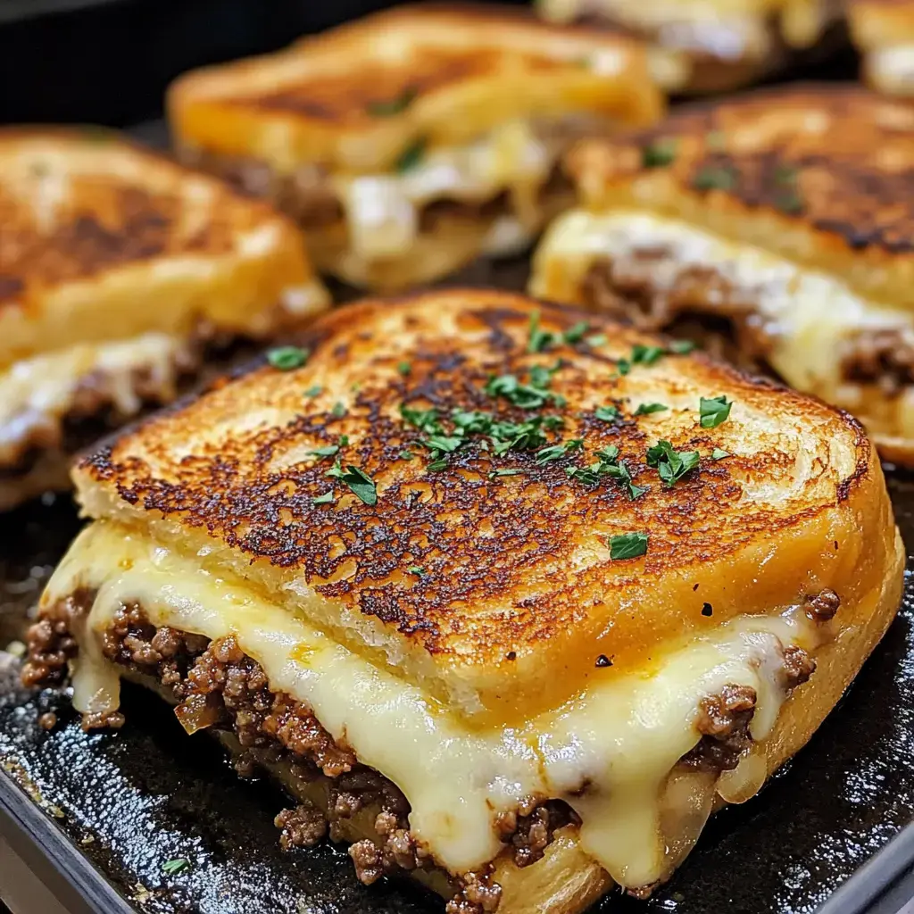 Close-up of golden, toasted bread with gooey cheese and beef patties, topped with parsley.