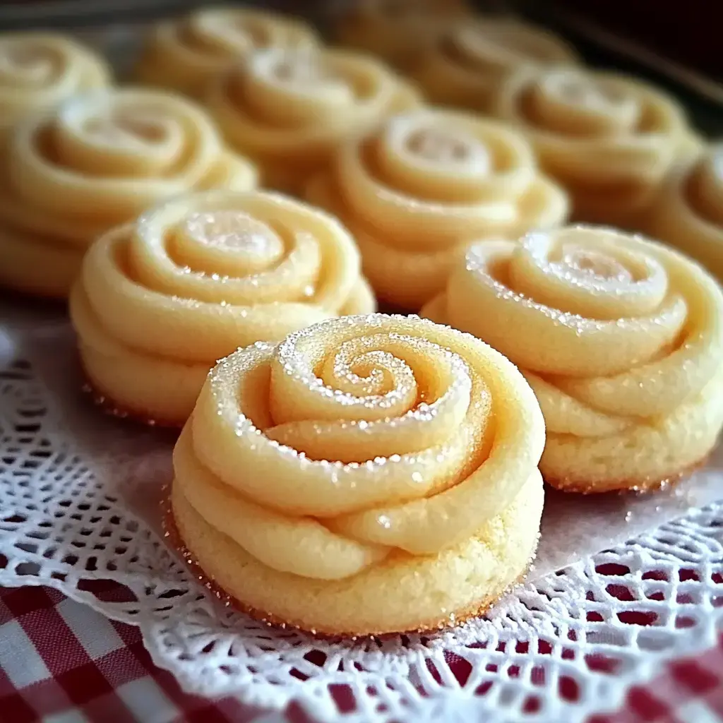 Close-up view of golden-yellow, rose-shaped cookie swirls set on an elegant lace doily.