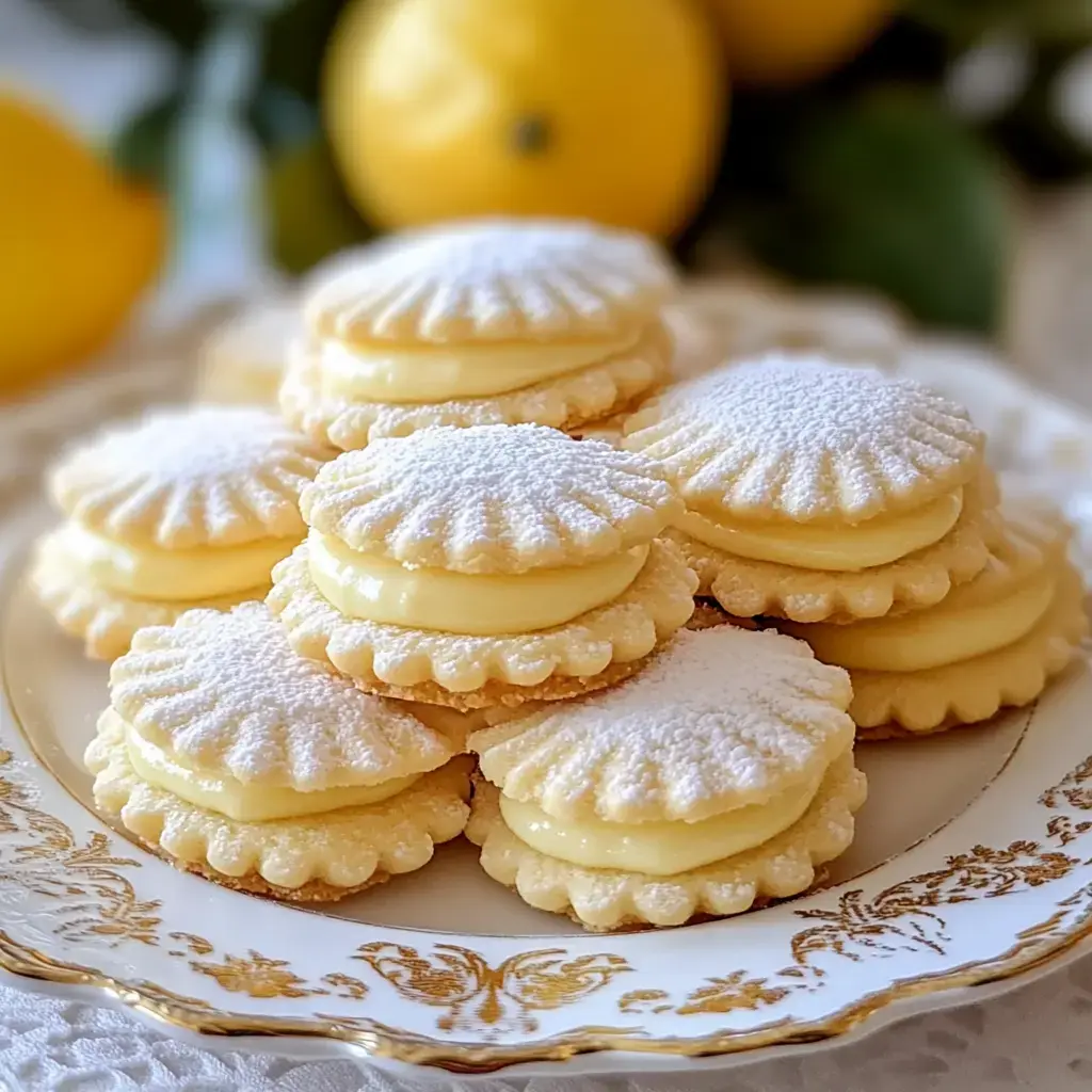 A plate of zesty lemon cookies filled with creamy frosting, surrounded by fresh lemons.