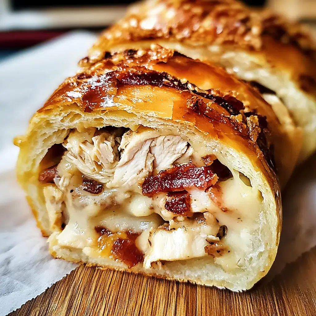 A sliced roll filled with chicken, bacon, and cheese, featuring a crisp, golden crust and hearty layers.