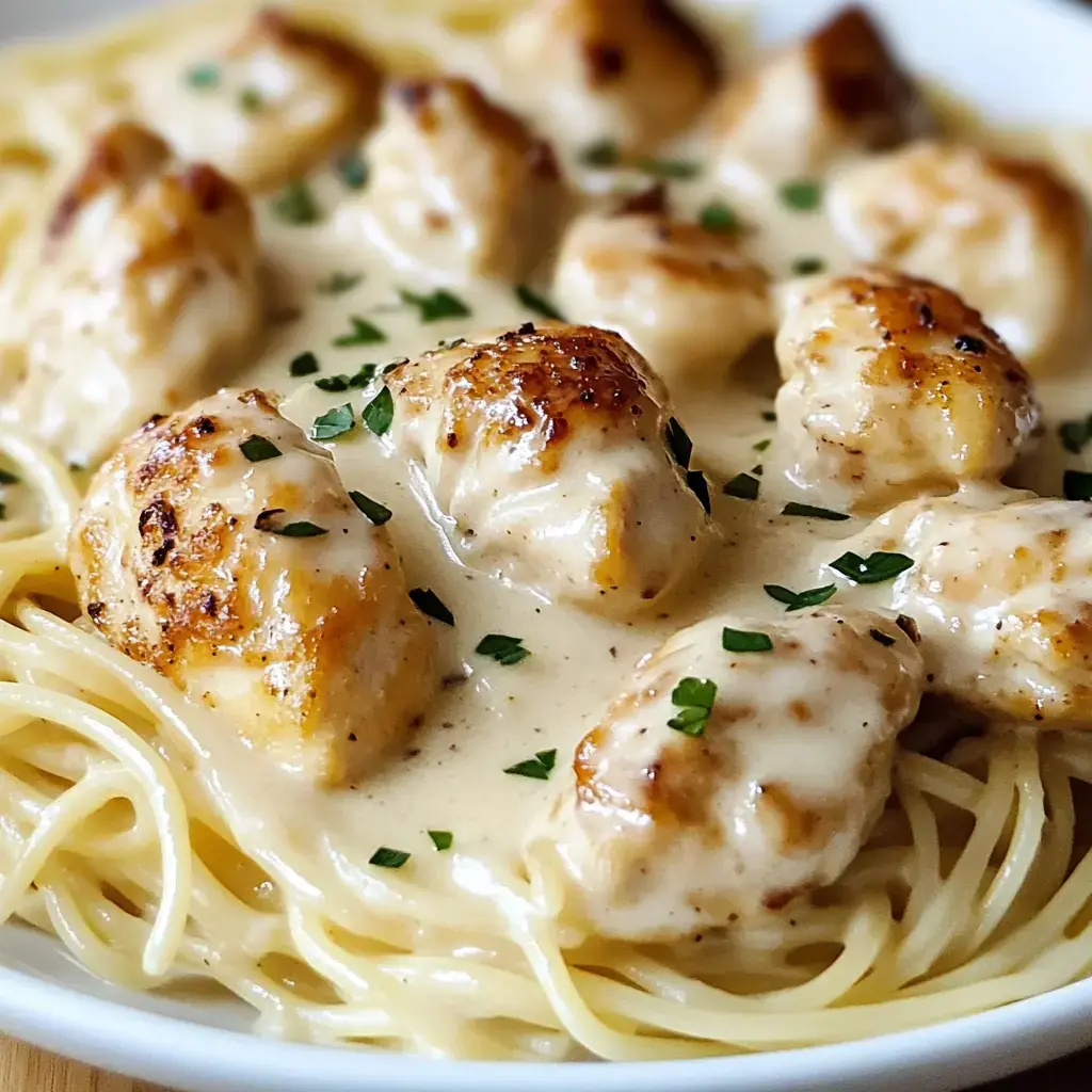 Spaghetti topped with golden brown chicken bites, creamy white sauce, and fresh parsley on a plate.