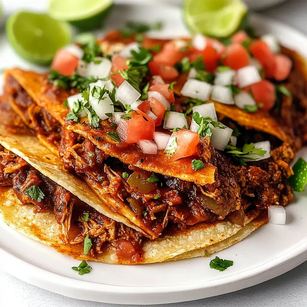 Stacked tortillas filled with shredded chicken, red sauce, diced tomato, onion, cilantro, and lime wedges on the side.