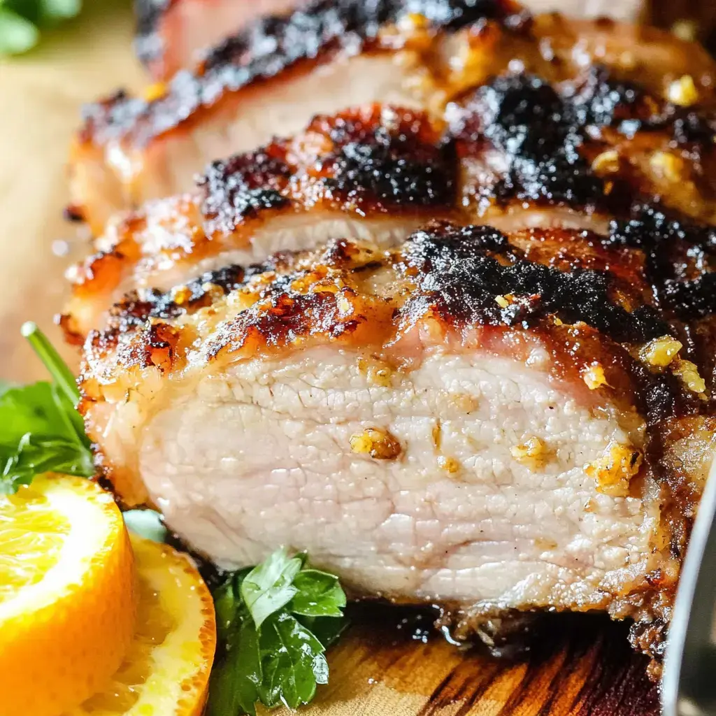 Close-up of roasted pork slices with herbs and orange wedges, crispy crust.