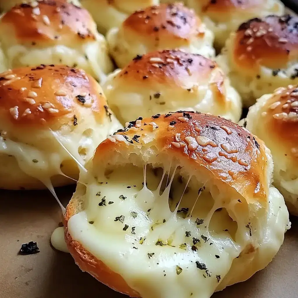 Freshly baked rolls stuffed with cheese, topped with herbs and melted cheese strings spilling out.