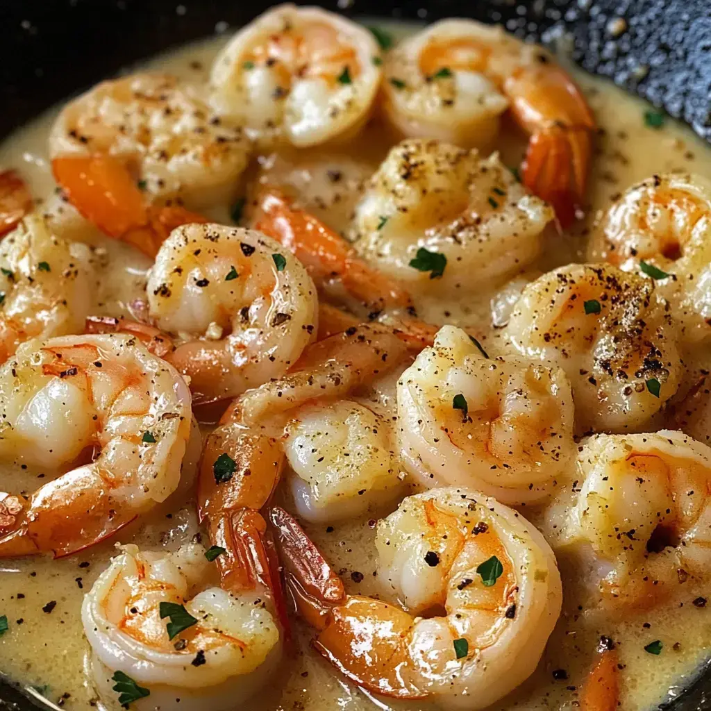 Shrimp in creamy garlic-butter sauce topped with fresh parsley and black pepper.