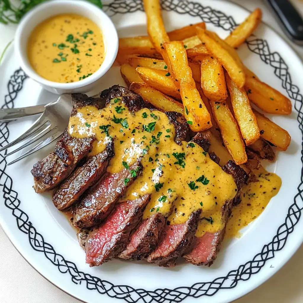 A slice of steak with creamy sauce next to crispy fries and a small dipping bowl.