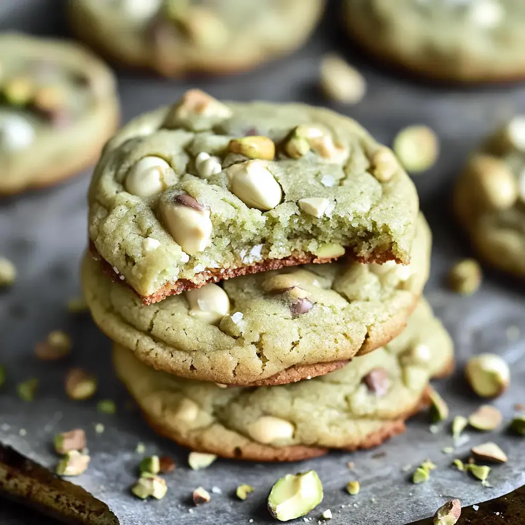 A pile of pistachio and white chocolate cookies with a bite taken out of one, sitting on parchment with pistachios scattered nearby.