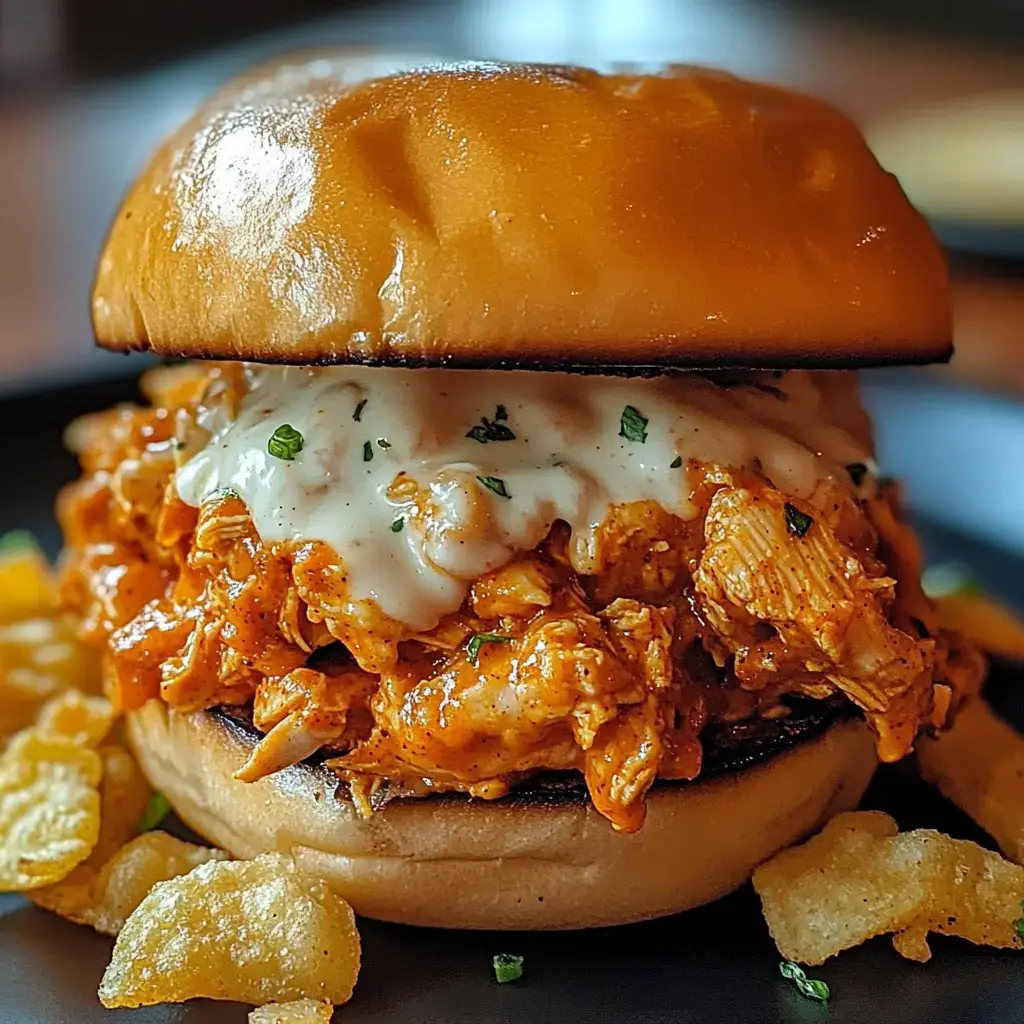 A savory chicken sandwich topped with a creamy sauce, served alongside potato chips.