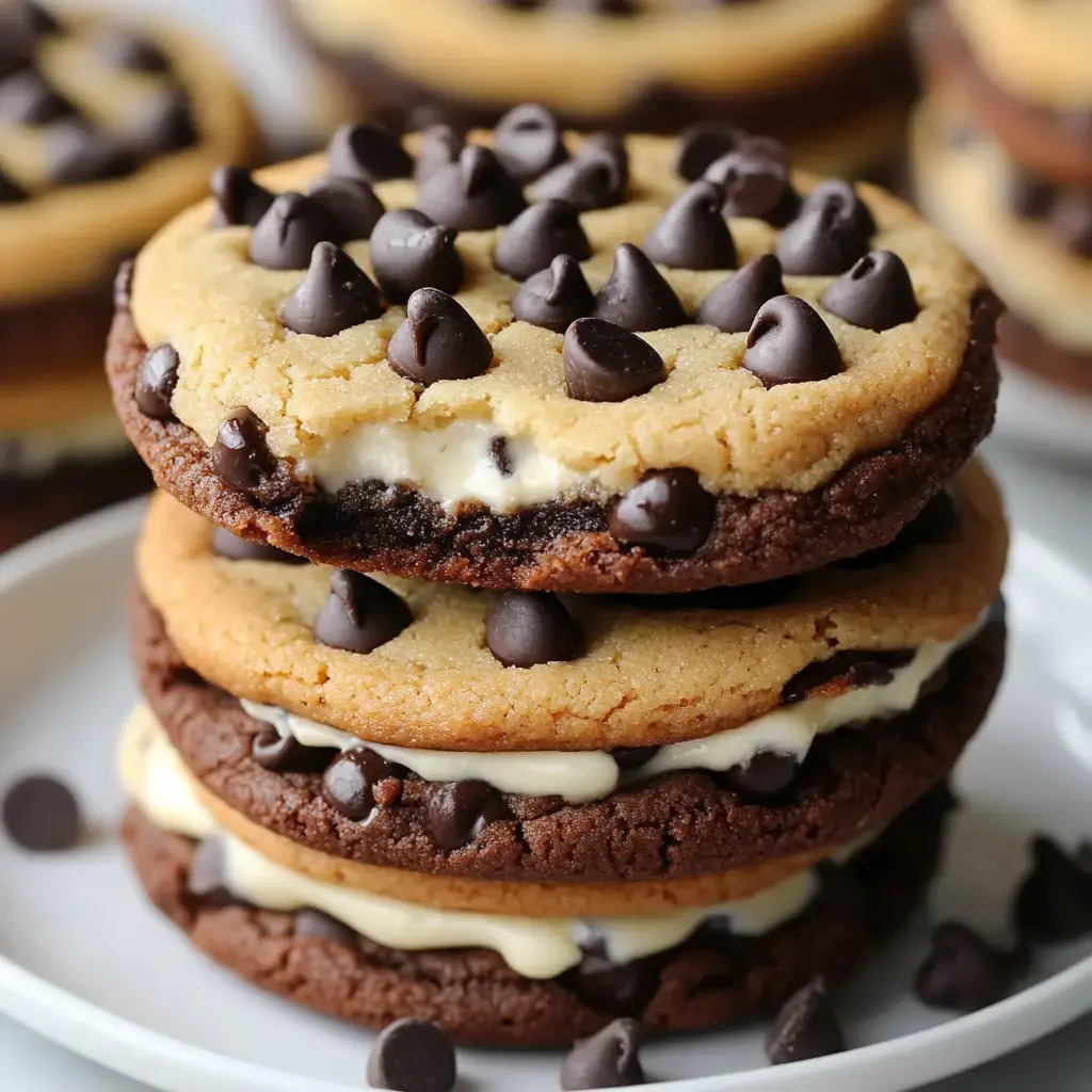 Three cookie sandwiches stacked, cream-filled, and dotted with chocolate chips.