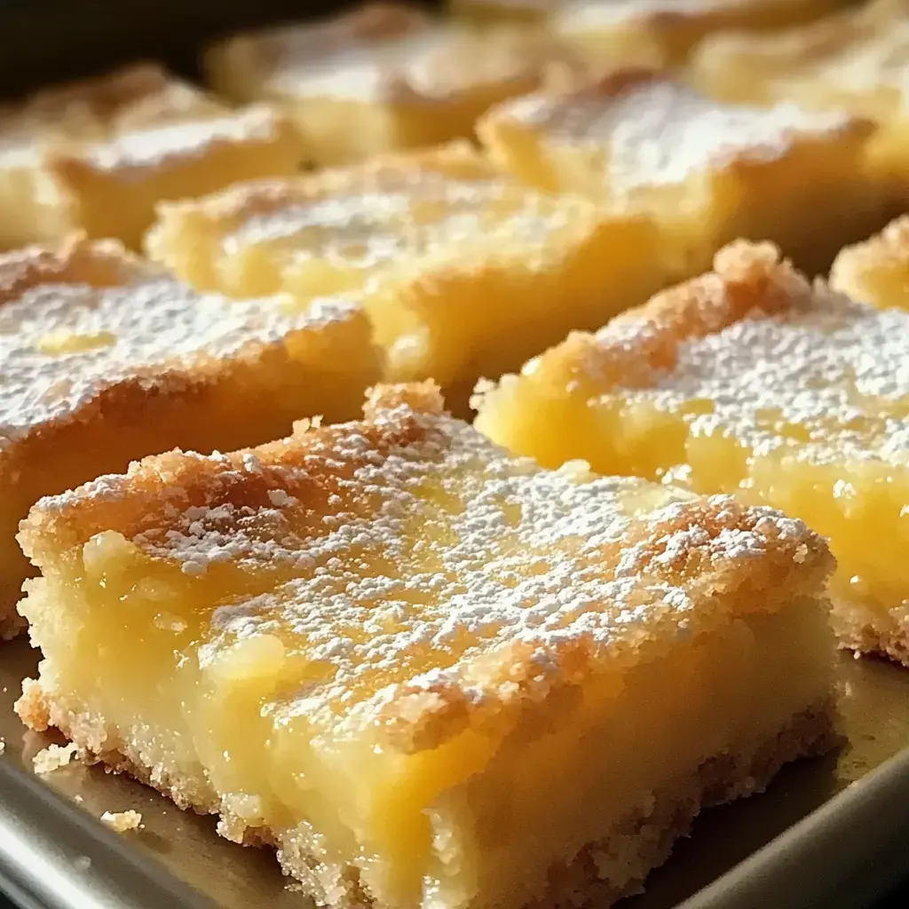 Fresh pineapple bars dusted with powdered sugar sitting neatly in a baking dish.