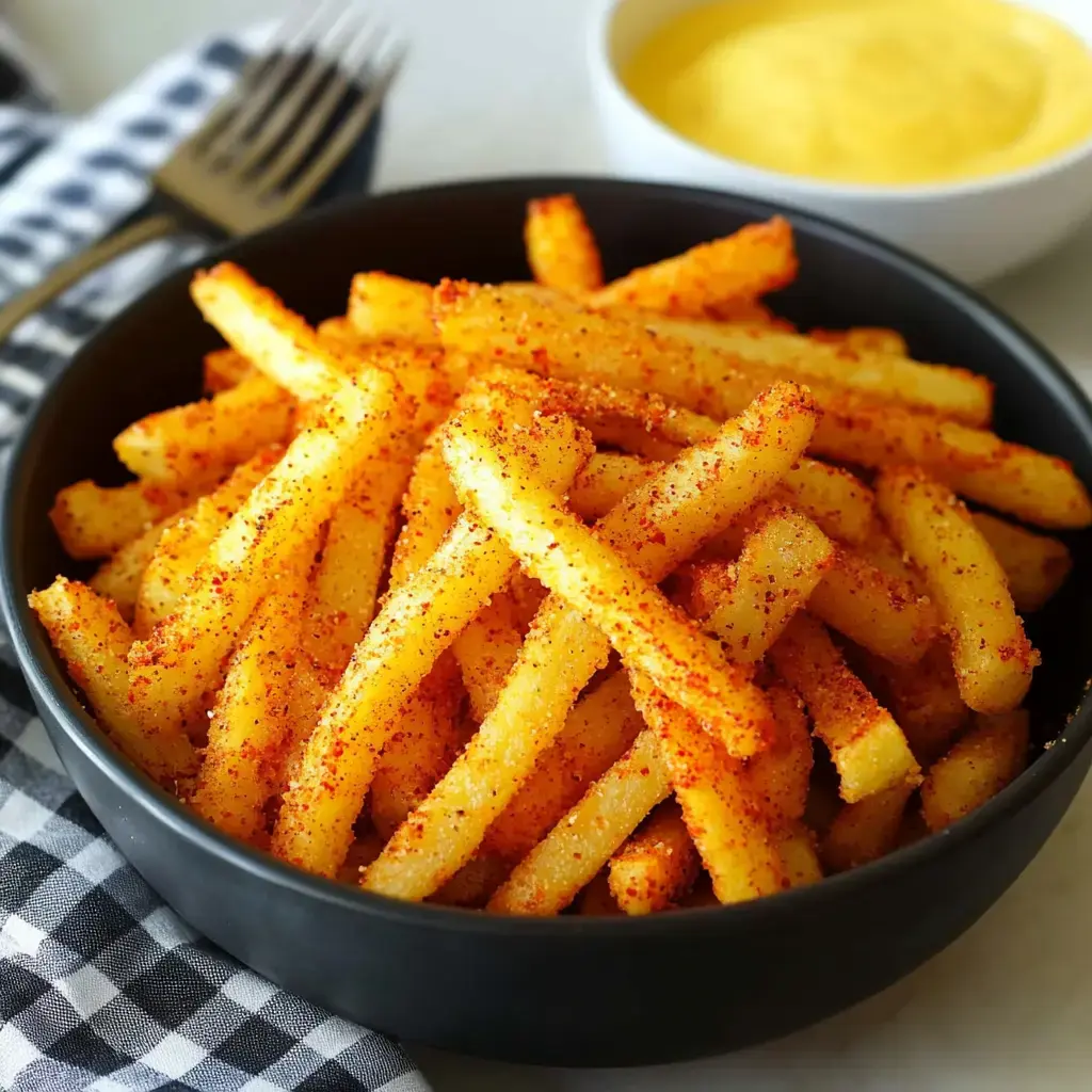 Golden fries sprinkled with seasoning sit next to a small bowl of melted cheese sauce.