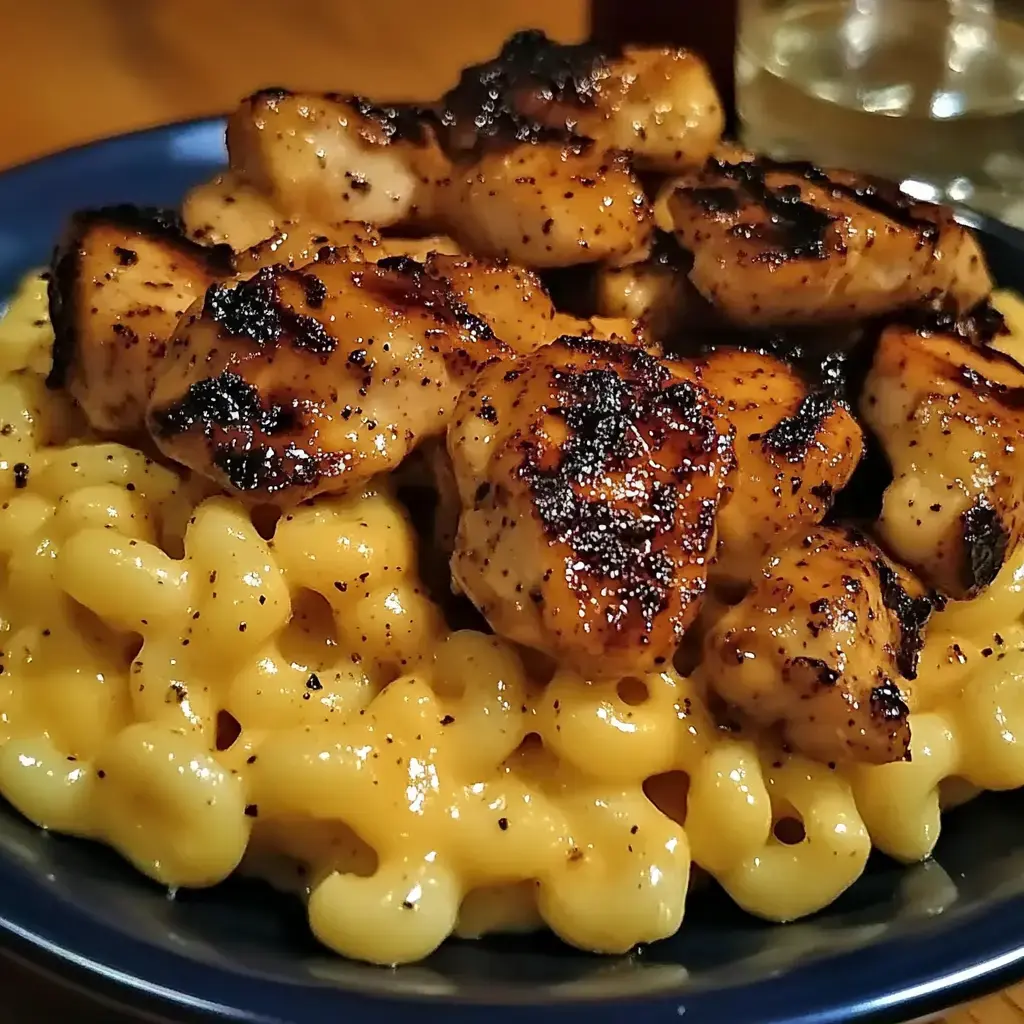 Mac and cheese topped with honey-glazed chicken pieces on a plate.