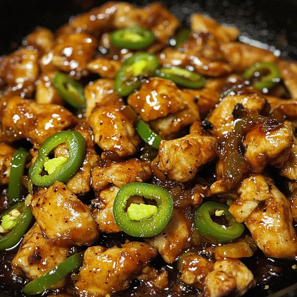 Diced chicken pieces in a glossy sauce topped with sliced green jalapenos.